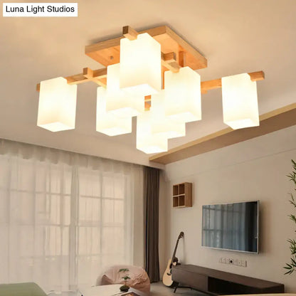White Wood Flush Mount light with wooden frame and frosted glass cube shades by Decorbites on Tampa Home & Garden Store