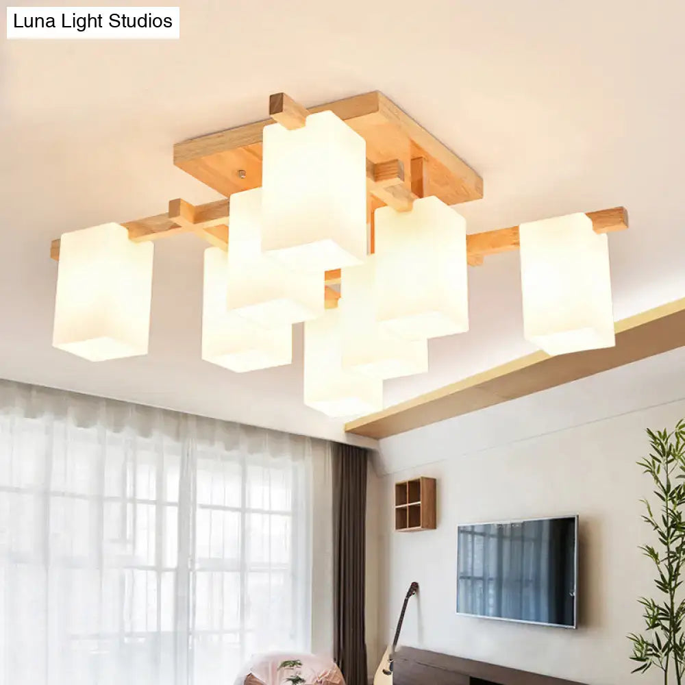 White wood flush mount light fixture with frosted square shades on wooden frame on Tampa Home & Garden Store