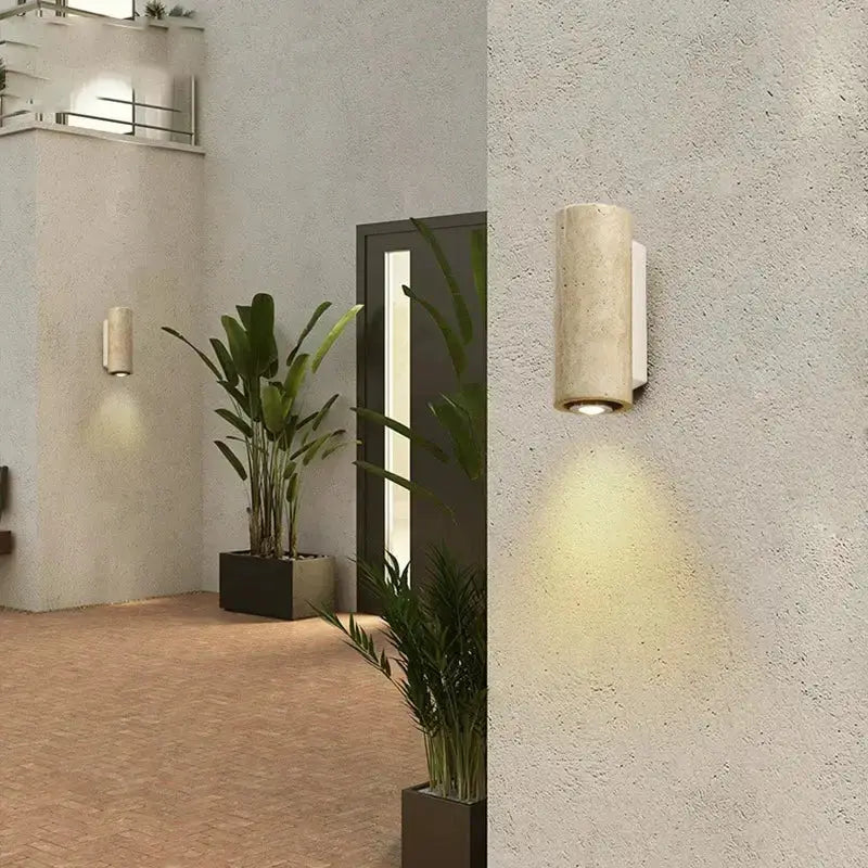 Decorbites wall lamp, beige stone and wood, two cylindrical outdoor lights on stucco walls on Tampa Home & Garden Store