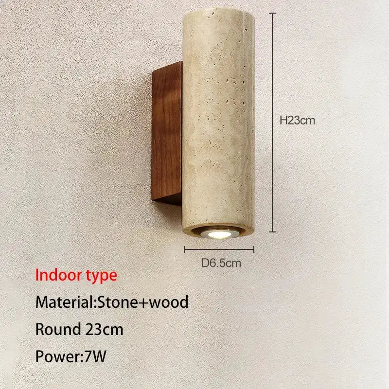 Modern stone and wood wall lamp beige cylindrical body with wooden backplate by Decorbites on Tampa Home & Garden Store