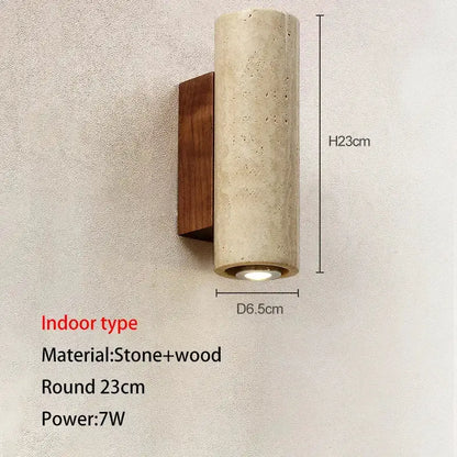 Modern stone and wood wall lamp beige cylindrical body with wooden backplate by Decorbites on Tampa Home & Garden Store