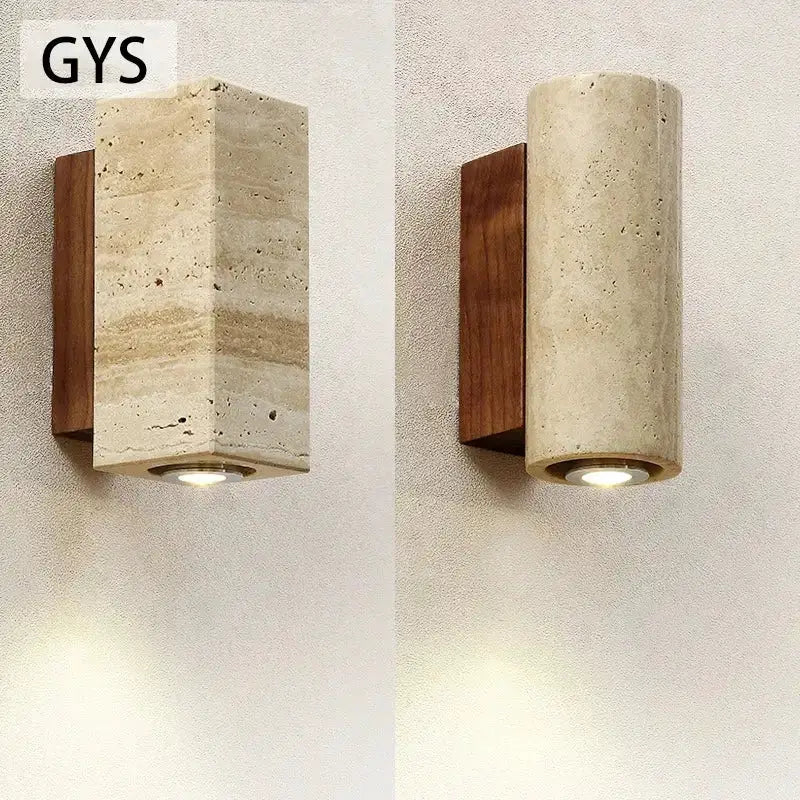 Stone and wood wall lamp pair: beige block and cylindrical stone lamp, wooden backplates on Tampa Home & Garden Store