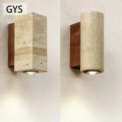 Stone and wood wall lamp pair: beige block and cylindrical stone lamp, wooden backplates on Tampa Home & Garden Store