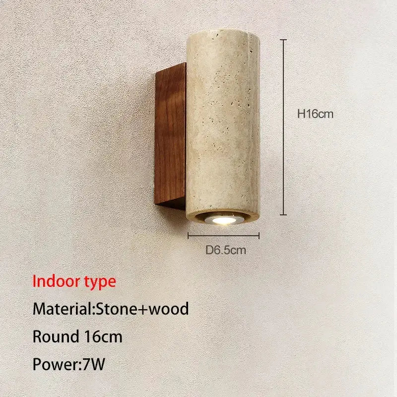 Stone-and-wood wall lamp beige cylinder with wood backplate indoor sconce Decorbites on Tampa Home & Garden Store