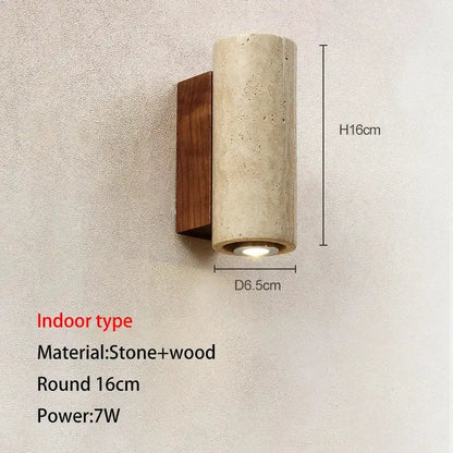 Stone-and-wood wall lamp beige cylinder with wood backplate indoor sconce Decorbites on Tampa Home & Garden Store
