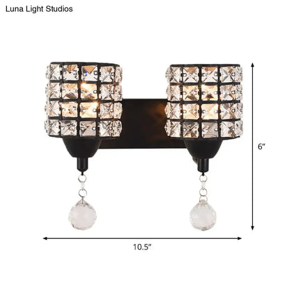 Decorbites black crystal two-light wall sconce with cube crystal blocks and hanging prisms on Tampa Home & Garden Store