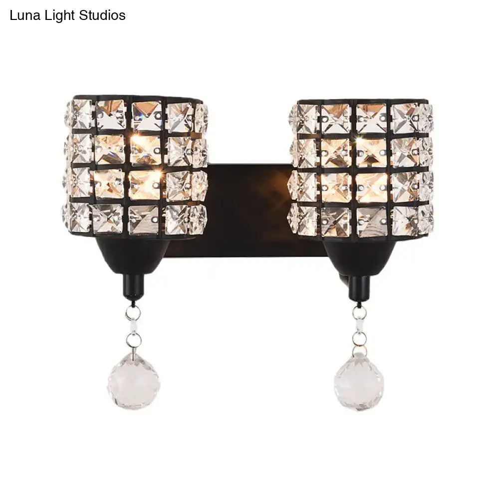 Decorbites Black Crystal Two-Light Wall Sconce with cube crystal shades and hanging prisms on Tampa Home & Garden Store