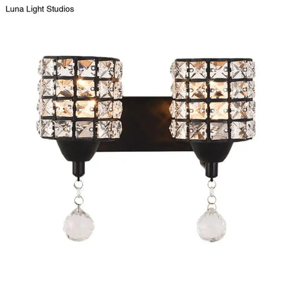 Decorbites Black Crystal Two-Light Wall Sconce with cube crystal shades and hanging prisms on Tampa Home & Garden Store