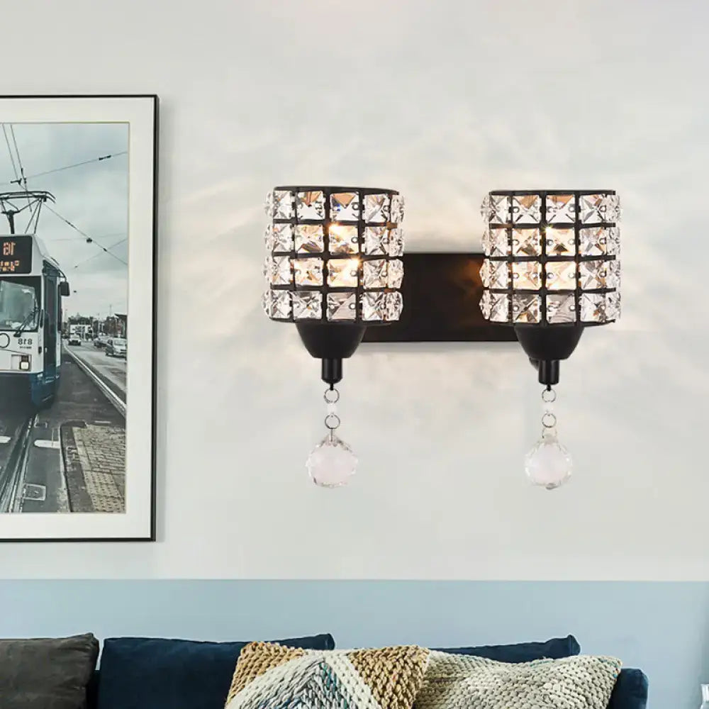 Decorbites black crystal sconce with dual cube crystal shades and hanging prisms on Tampa Home & Garden Store