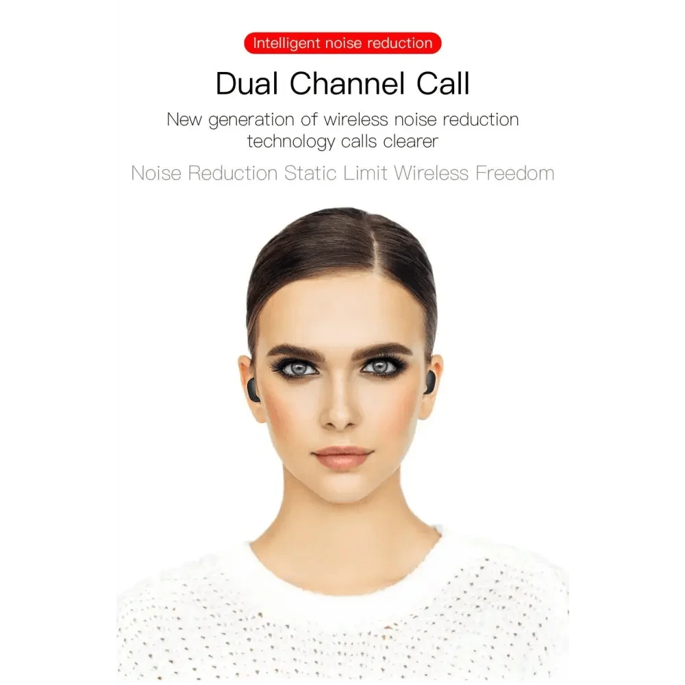 Stevvex in-ear Bluetooth headphones black wireless earbuds with noise reduction worn by model on Tampa Home & Garden Store