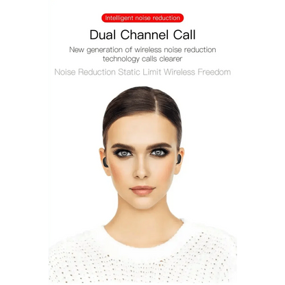 Stevvex in-ear Bluetooth headphones black wireless earbuds with noise reduction worn by model on Tampa Home & Garden Store