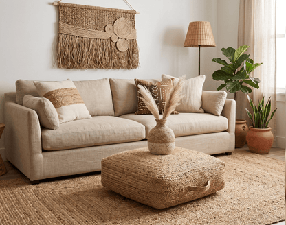 Natural Brown Jute Square Pouf, Hand Braided boho Pouf Ottoman Footstool, Side table, Floor Pillow, Foot Rest, Living Room, Bedroom | JP4