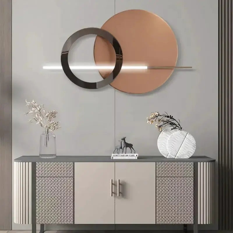 Modern teal & gold LED wall sconce with circular wall art, Decorbites for bedroom decor on Tampa Home & Garden Store