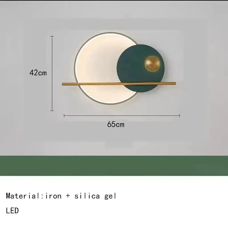 Modern teal and gold LED wall sconce with circular wall art, iron frame, by Decorbites on Tampa Home & Garden Store