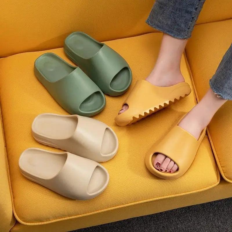 Stevvex modern thick soft slippers unisex sandals in green beige with non-slip lug sole on sofa on Tampa Home & Garden Store