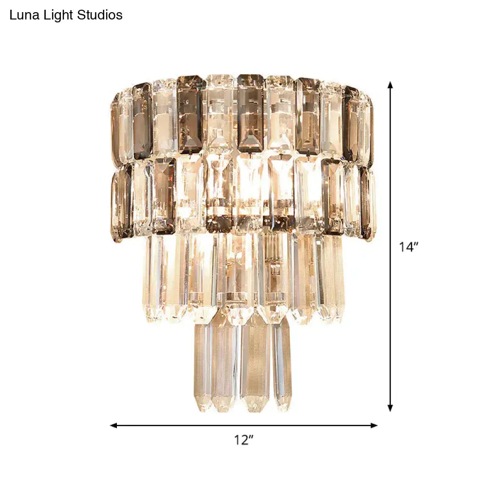 Decorbites Smoke Gray Crystal Layered 2-Bulb Sconce with crystal prisms on Tampa Home & Garden Store