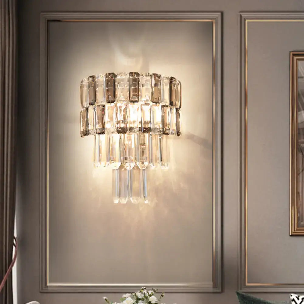 Smoke Gray Crystal Layered 2-Bulb Sconce with crystal tiers and metal frame Decorbites on Tampa Home & Garden Store