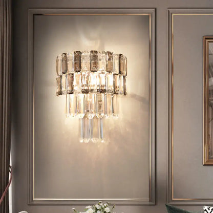 Smoke Gray Crystal Layered 2-Bulb Sconce with crystal tiers and metal frame Decorbites on Tampa Home & Garden Store