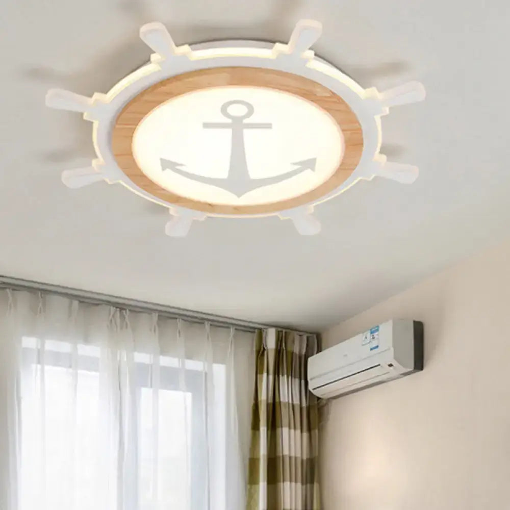 Wood Triangle Flush Mount Light with white finish, wood ring, nautical anchor glass motif on Tampa Home & Garden Store