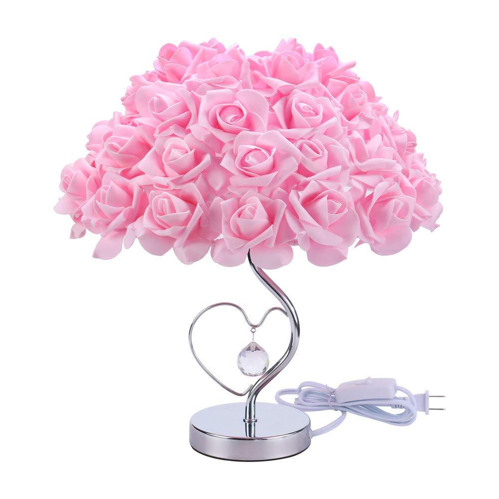 Table lamp pink rose bouquet with crystal pendant on a chrome twisted stem base on Tampa Home & Garden Store