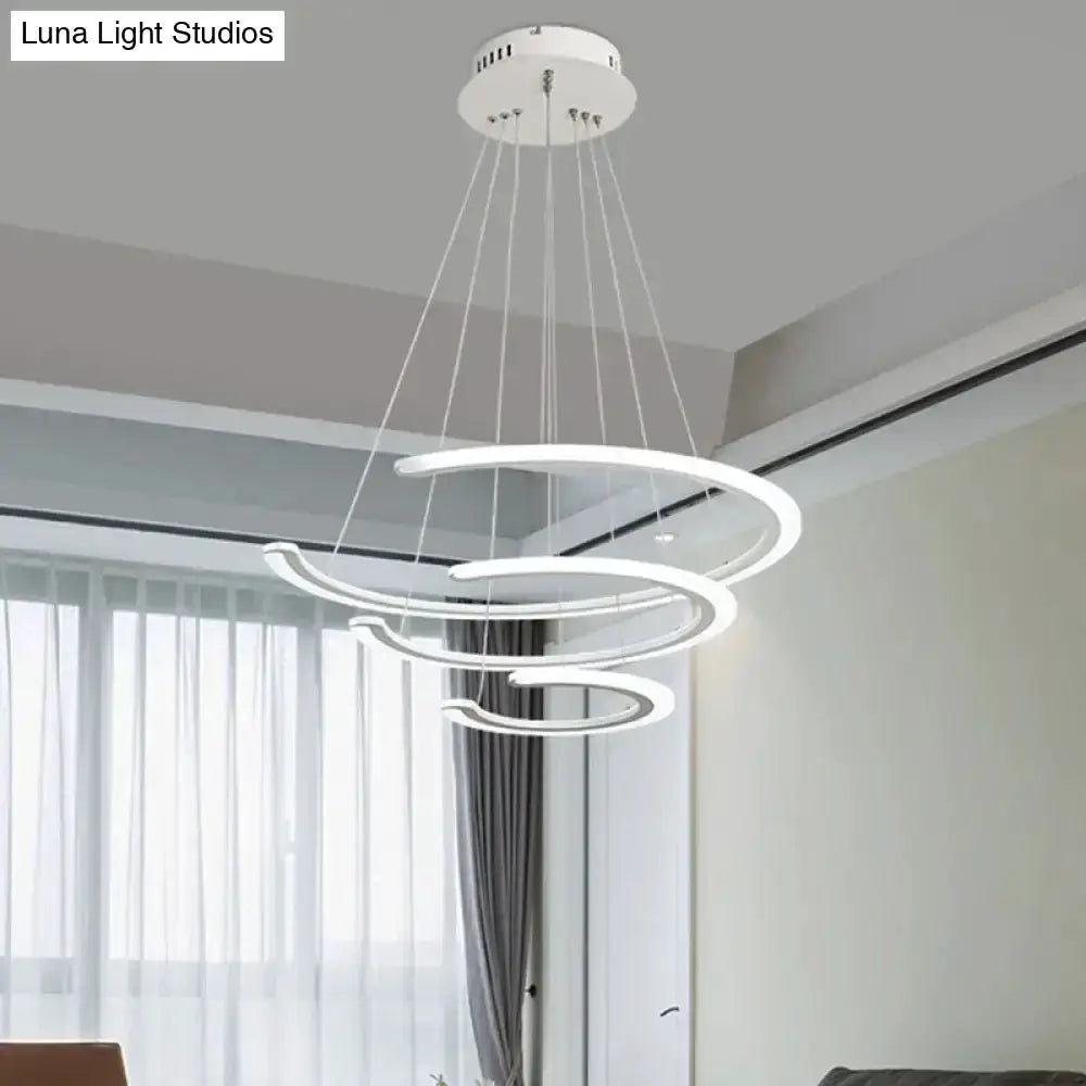 Modern white acrylic LED ring chandelier pendant light with spiral rings by Luna Light Studios on Tampa Home & Garden Store
