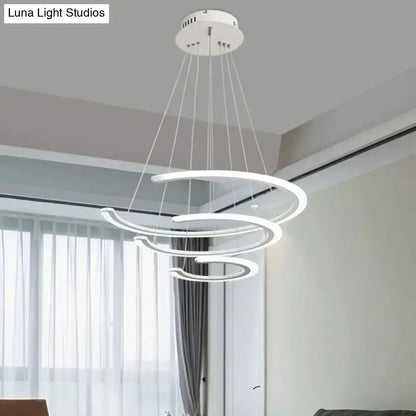 Modern white acrylic LED ring chandelier pendant light with spiral rings by Luna Light Studios on Tampa Home & Garden Store
