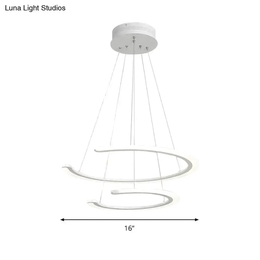 Modern white acrylic LED ring chandelier pendant light with two spiral rings, 16in dia on Tampa Home & Garden Store