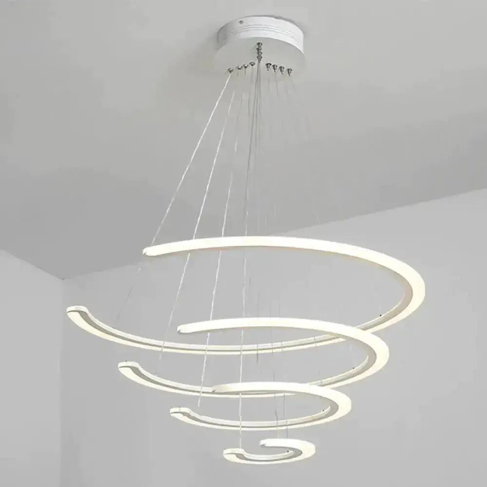 Modern white acrylic LED ring chandelier pendant light with spiraling rings, Decorbites on Tampa Home & Garden Store
