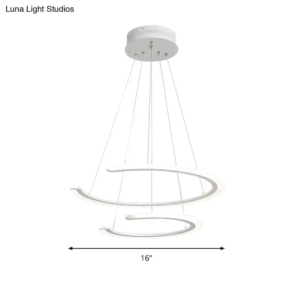 Modern white acrylic LED ring chandelier pendant light, three spiraling hoops, 16-inch diameter on Tampa Home & Garden Store