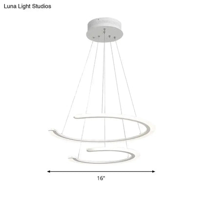 Modern white acrylic LED ring chandelier pendant light, three spiraling hoops, 16-inch diameter on Tampa Home & Garden Store