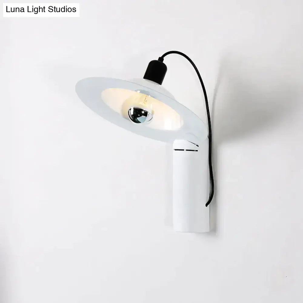 White modern wall sconce by Decorbites with circular white shade and exposed bulb on Tampa Home & Garden Store