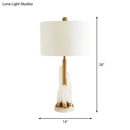 Modern white alabaster drum table lamp with brass accents, 26in tall, Decorbites on Tampa Home & Garden Store