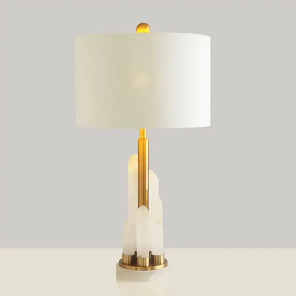 Modern white alabaster drum table lamp with brass stem and base, Decorbites bedroom lighting on Tampa Home & Garden Store