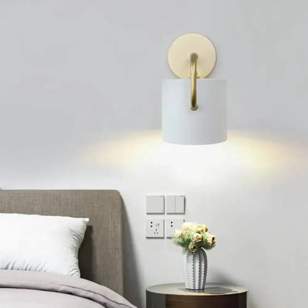 Modern white and gold cylinder wall lamp bedroom sconce with brass backplate on Tampa Home & Garden Store