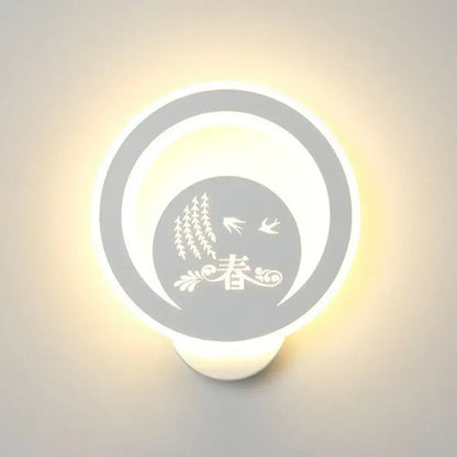 Decorbites modern white LED circular wall light 110-120V with forest trees, birds, and 春 character on Tampa Home & Garden Store