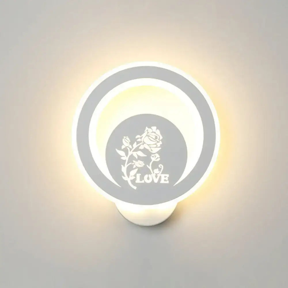 Modern white circular LED wall light with rose graphic and LOVE text, Decorbites bedroom decor on Tampa Home & Garden Store