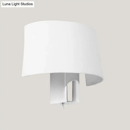 White Fabric Modern Sconce Lamp - Minimalist Bedroom Wall Lighting Idea with Chrome Lamp Socket