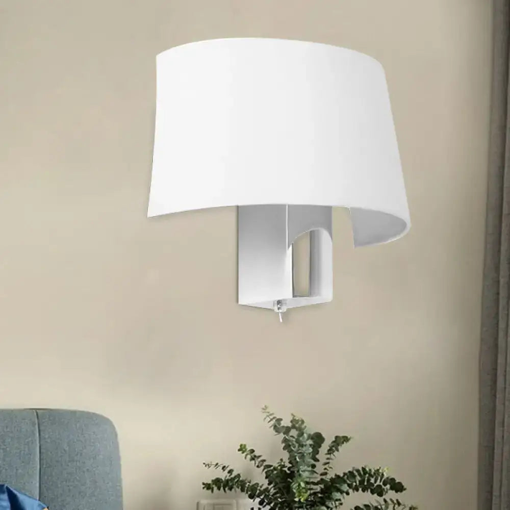 White Fabric Modern Sconce Lamp - Minimalist Bedroom Wall Lighting Idea with Chrome Lamp Socket