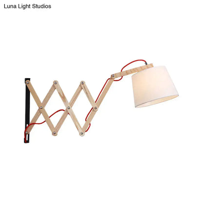 White Wall Lamp with Extendable Arm - Cylinder Fabric Shade Sconce for Living Room