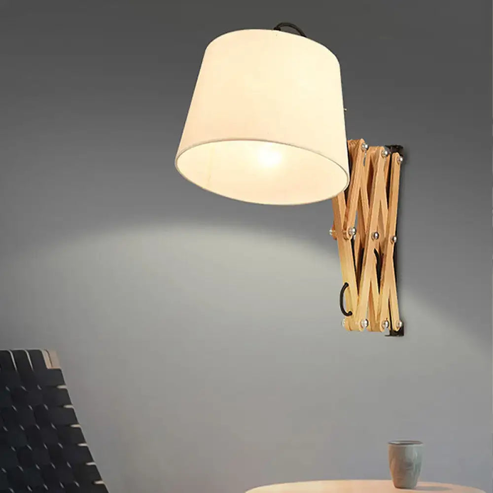 White Wall Lamp with Extendable Arm - Cylinder Fabric Shade Sconce for Living Room