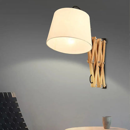 White Wall Lamp with Extendable Arm - Cylinder Fabric Shade Sconce for Living Room