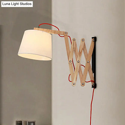 White Wall Lamp with Extendable Arm - Cylinder Fabric Shade Sconce for Living Room