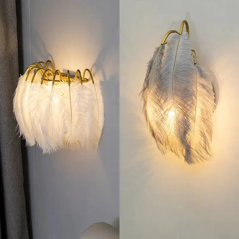 Decorbites white feather metal wall sconce with gold hoop frame for bedroom lighting on Tampa Home & Garden Store