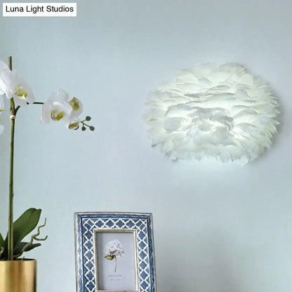 White Feather Wall Lamp by Decorbites, round feather shade, wall-mounted decor on Tampa Home & Garden Store