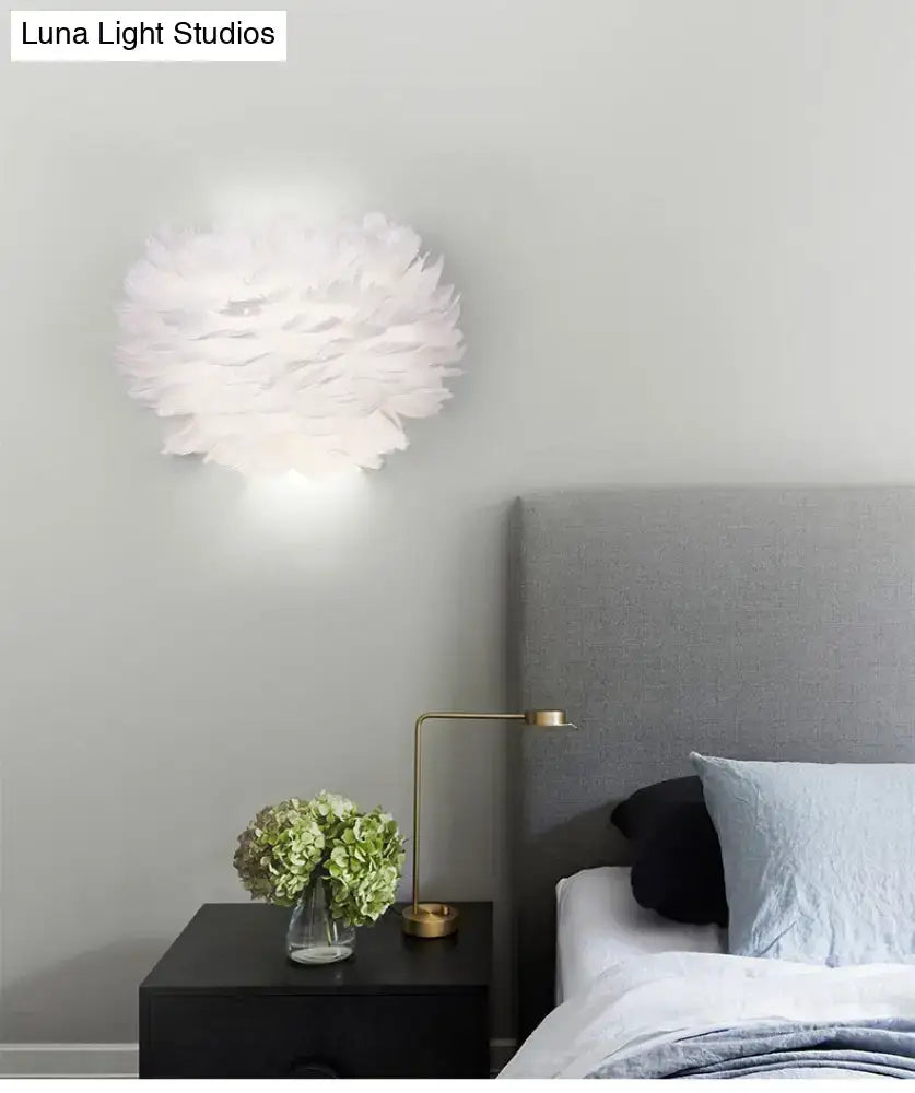White Feather Wall Lamp by Decorbites, wall-mounted with feather shade bedside light on Tampa Home & Garden Store