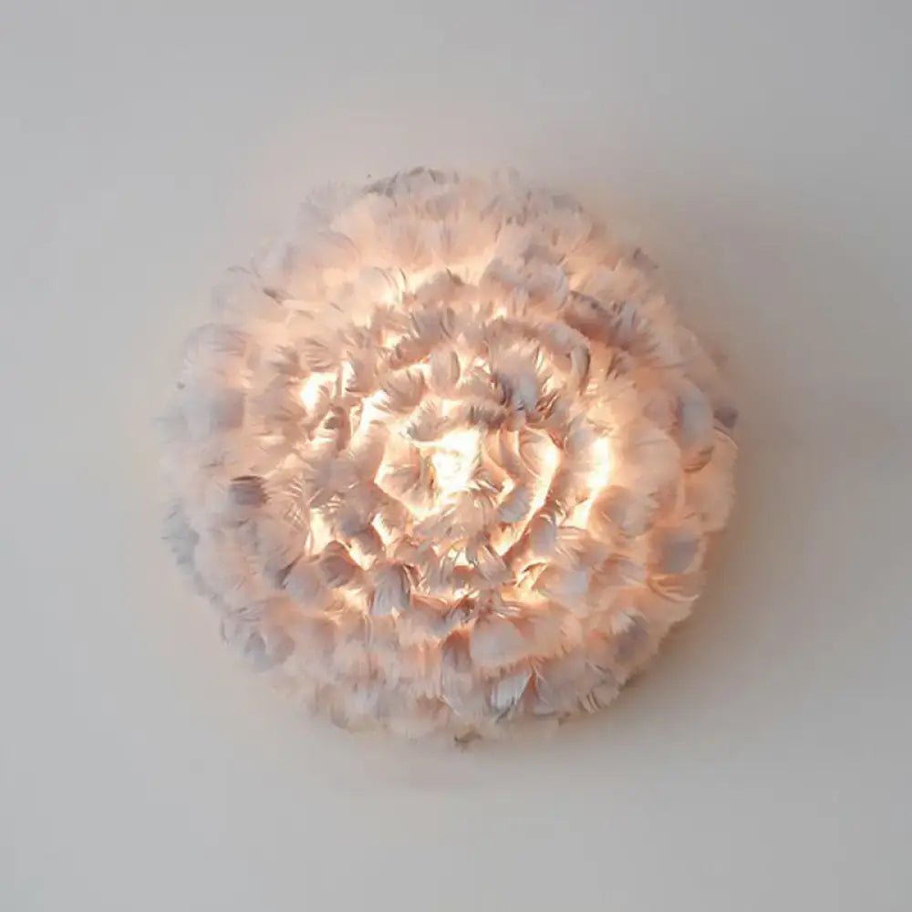 White Feather Bedroom Sconce by Decorbites, round feather ball wall light with warm glow on Tampa Home & Garden Store