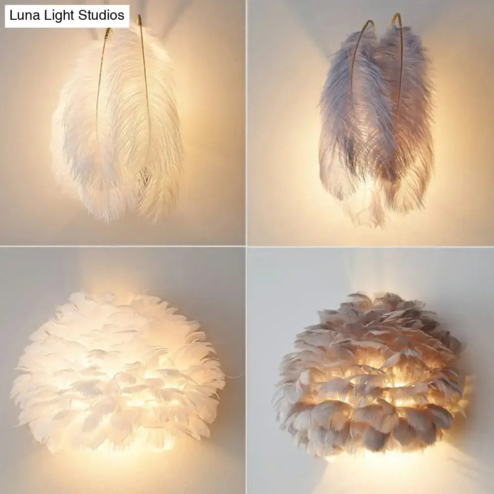 White Feather Bedroom Sconce by Decorbites, wall-mounted feather shade, warm glow on Tampa Home & Garden Store