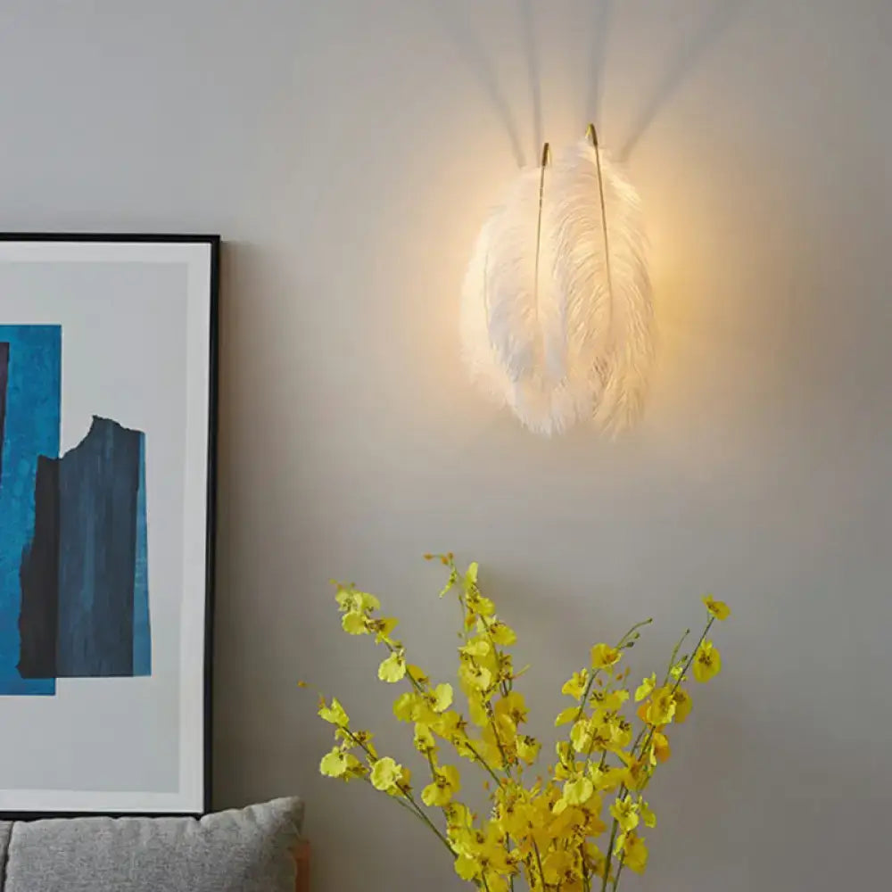 White Feather Bedroom Sconce by Decorbites, wall mount feather lamp with warm glow on Tampa Home & Garden Store