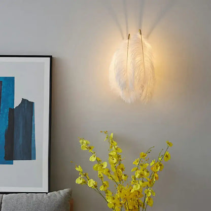 White Feather Bedroom Sconce by Decorbites, wall mount feather lamp with warm glow on Tampa Home & Garden Store