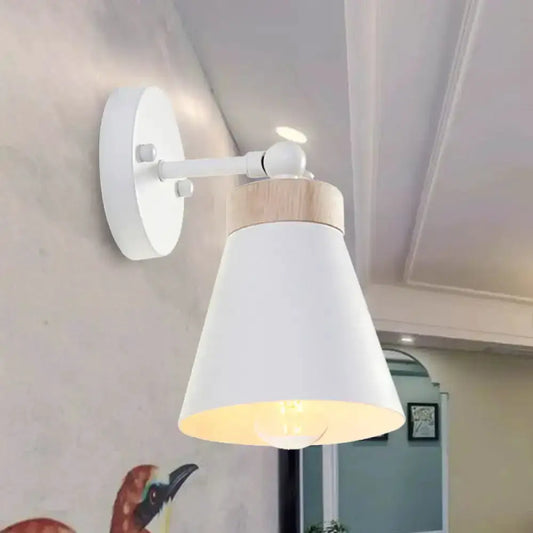 Bedside sconce with white finish and wood accent, conical shade wall lamp on Tampa Home & Garden Store